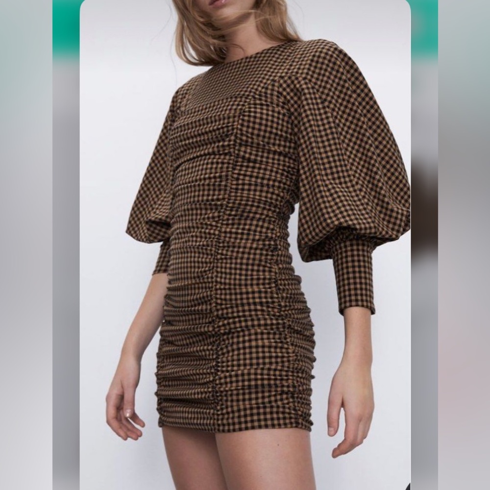 ZARA Women’s Runched Plaid Bishop Sleeves Mini Dress